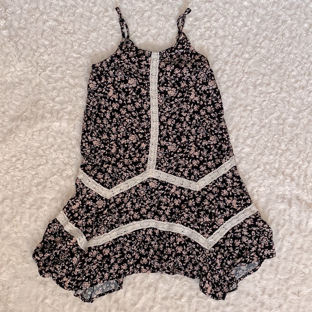 Girls Black Boho Floral Dress w/ Crochet Detail